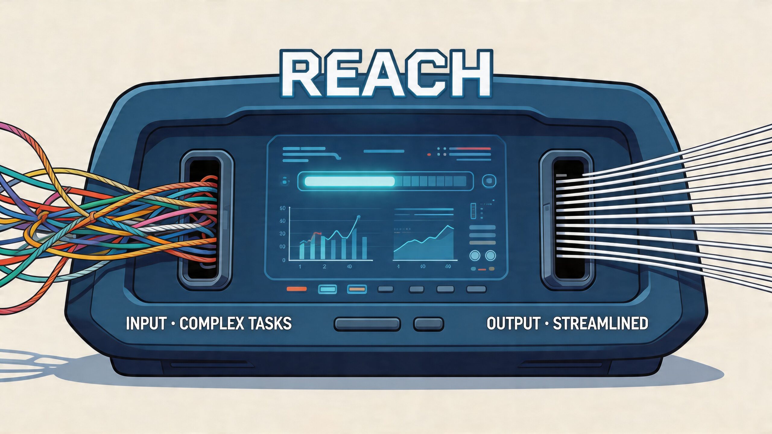 A digital device labeled REACH processing complex, tangled inputs into streamlined, organized outputs on a screen.