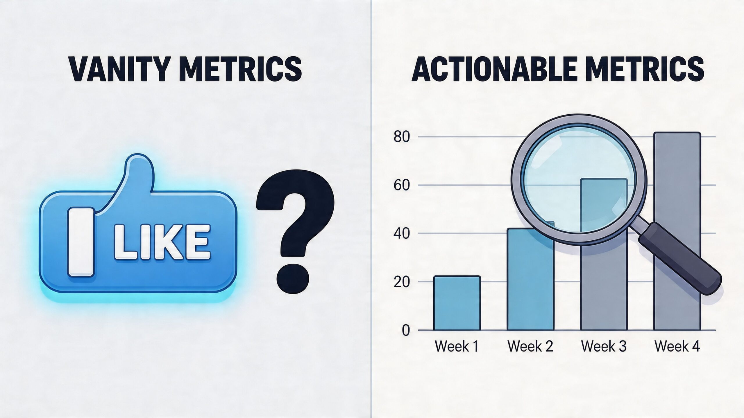 A comparison illustration between vanity metrics represented by a like icon and actionable metrics via bar charts.