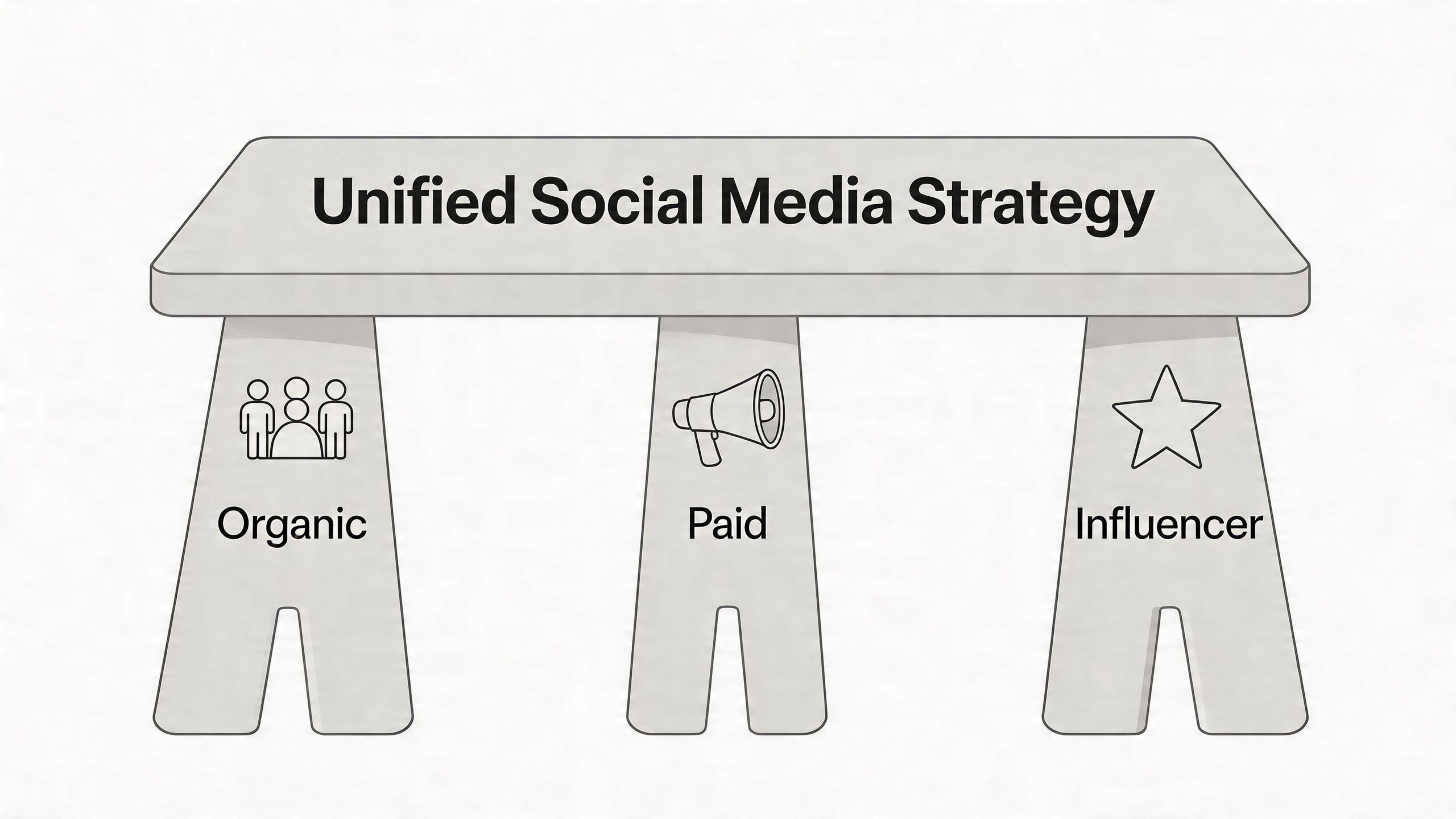 A graphic depicting a stool with three legs representing a unified social media strategy, including organic, paid, and influencer marketing.
