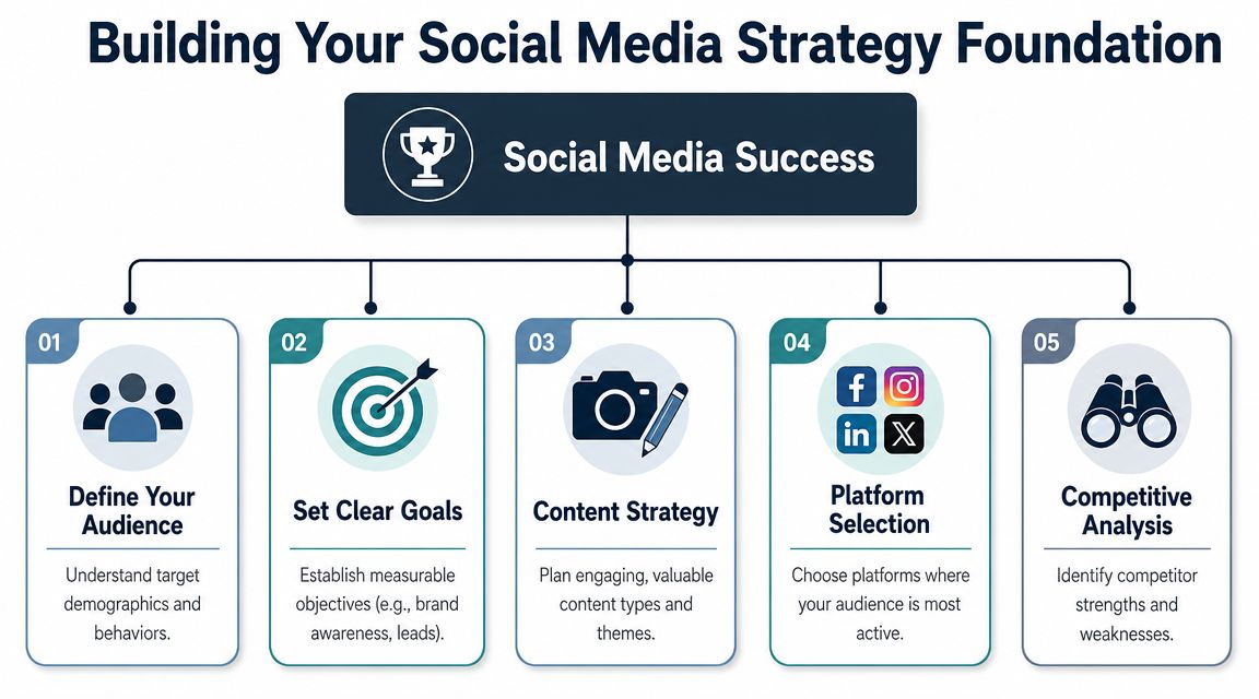 A diagram outlining five key steps for building a foundational social media marketing strategy for brands.
