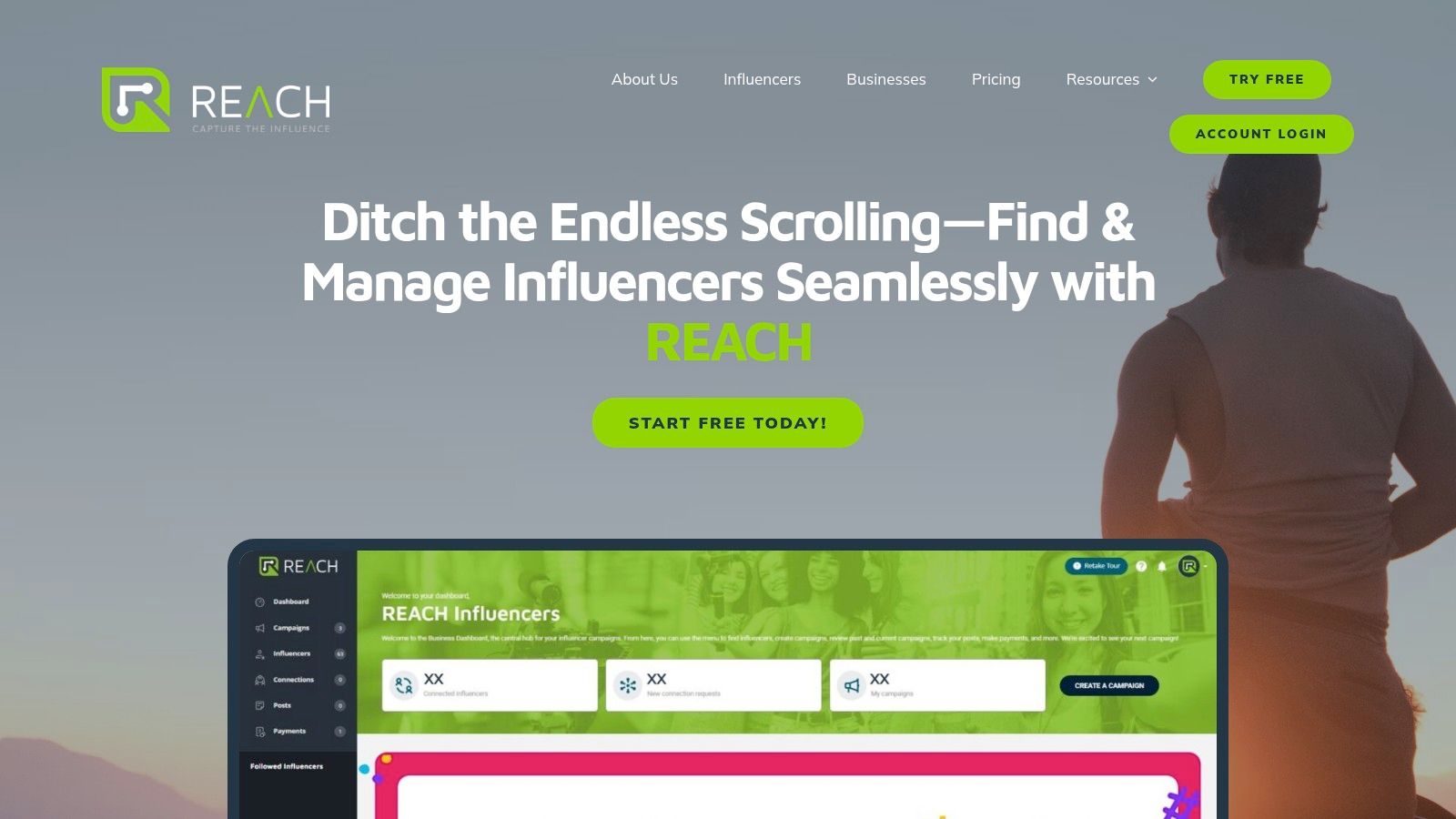 REACH influencer marketing platform dashboard showing campaign analytics and creator management features