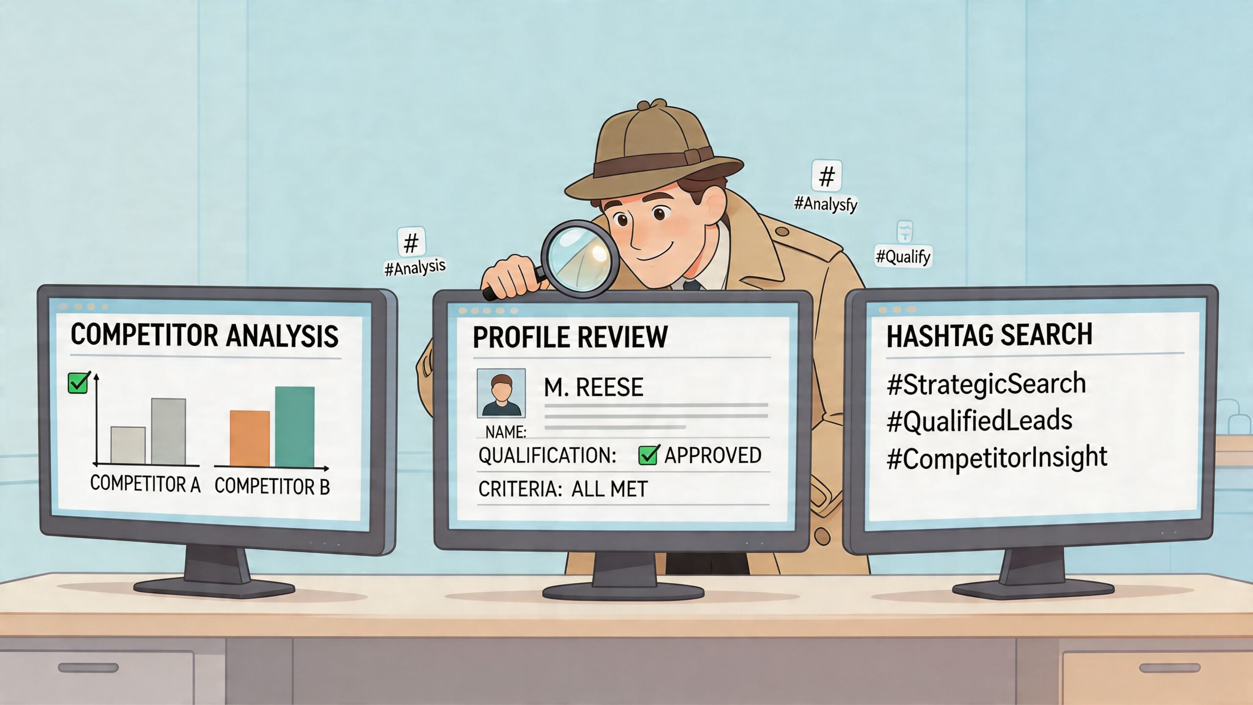 A detective character examining digital profiles and data on three monitors to analyze business leads and competitors.