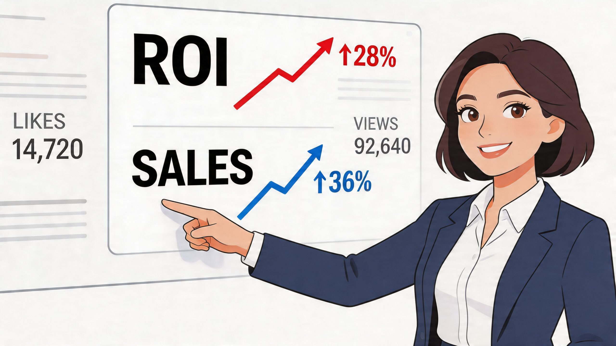 A professional business woman pointing at a digital dashboard displaying marketing analytics, ROI growth, and sales increases.