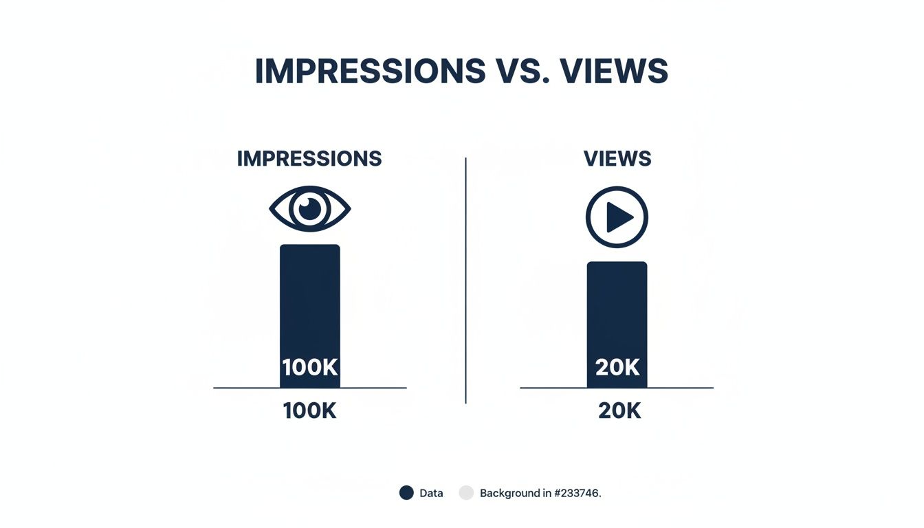 Infographic comparing 100K impressions with an eye icon versus 20K views with a play icon.