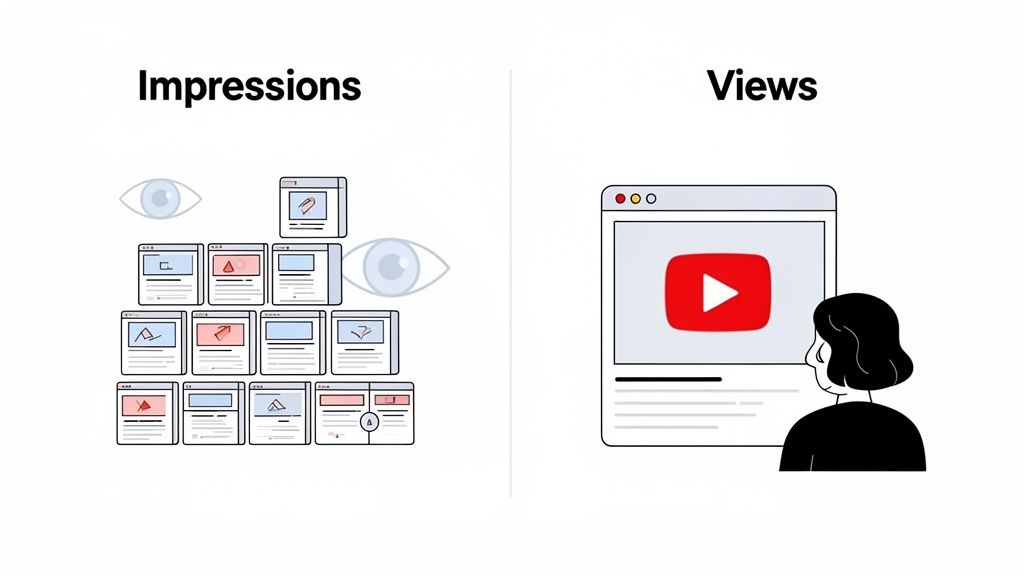 An illustration comparing 'Impressions' (content seen by eyes) with 'Views' (a person watching a YouTube video).