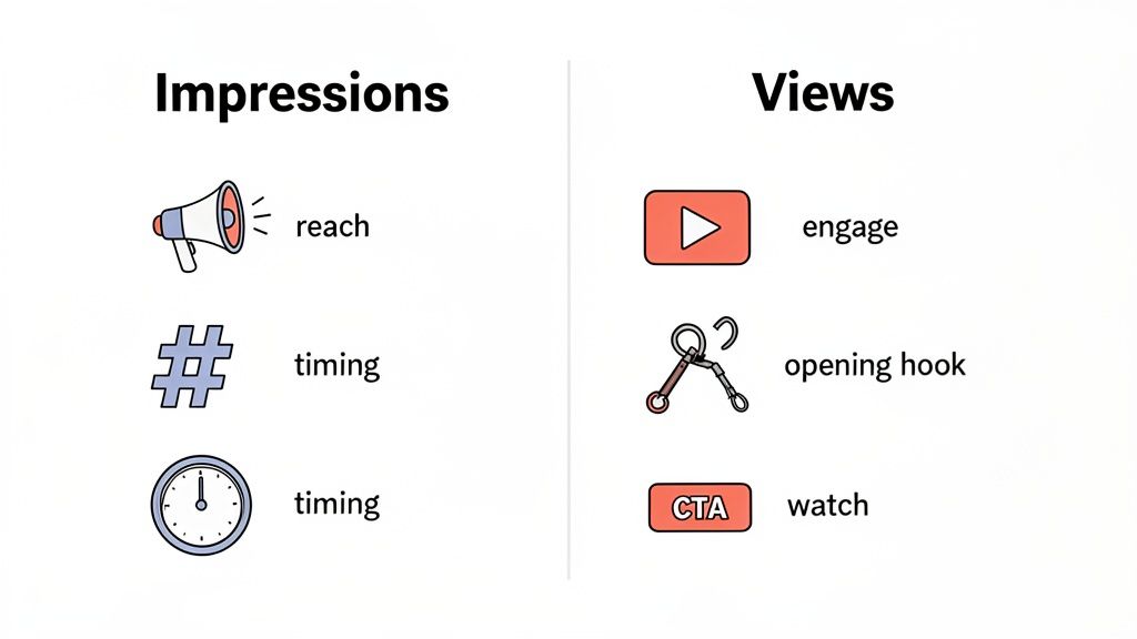 An infographic illustrating factors influencing Impressions (reach, timing) and Views (engage, opening hook, watch).