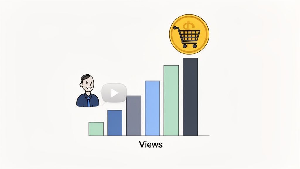 A bar chart shows increasing video views leading to higher sales, with a person and play button.