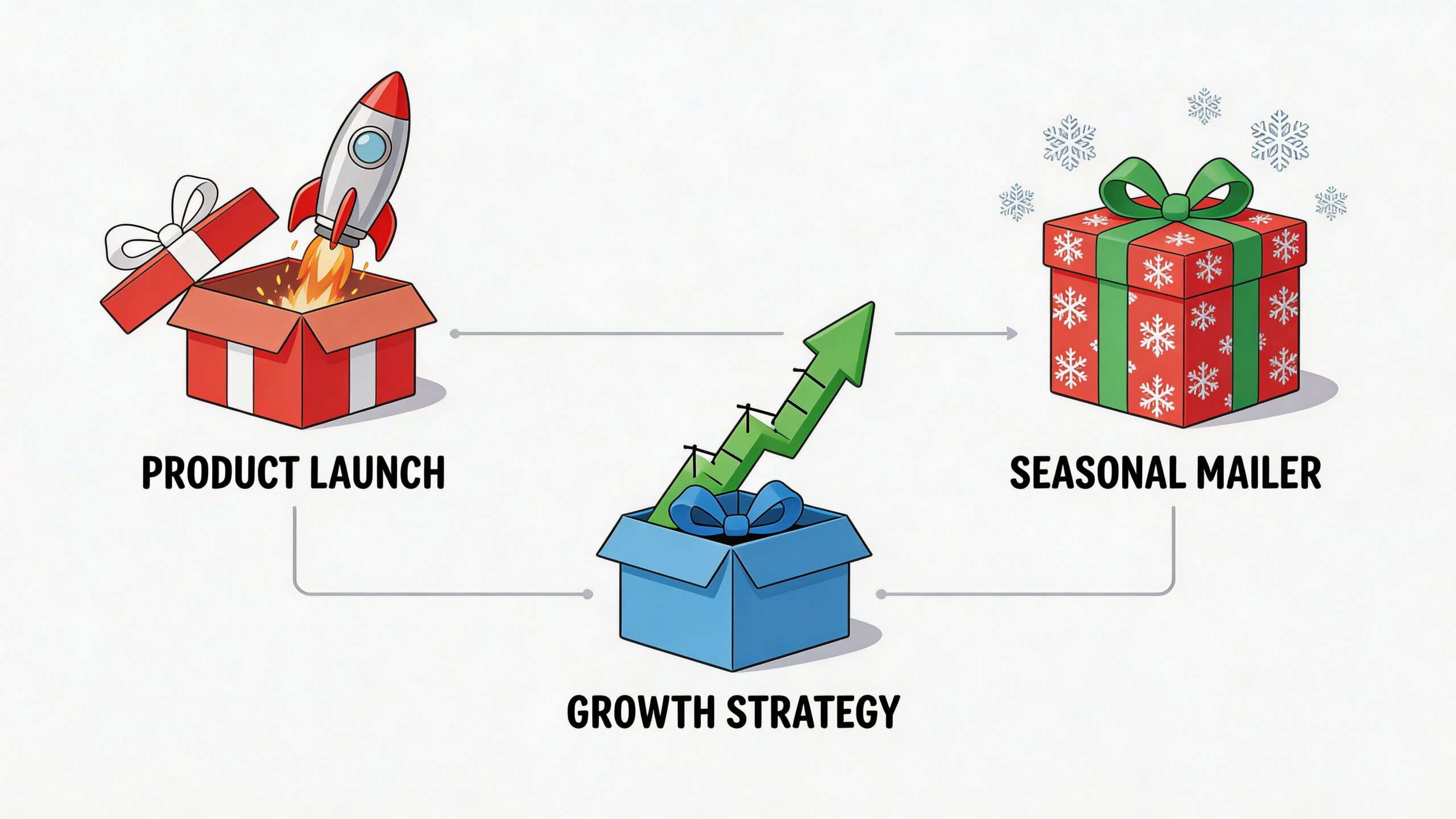 A marketing diagram showing three gift boxes illustrating product launch, growth strategy, and seasonal mailer concepts.