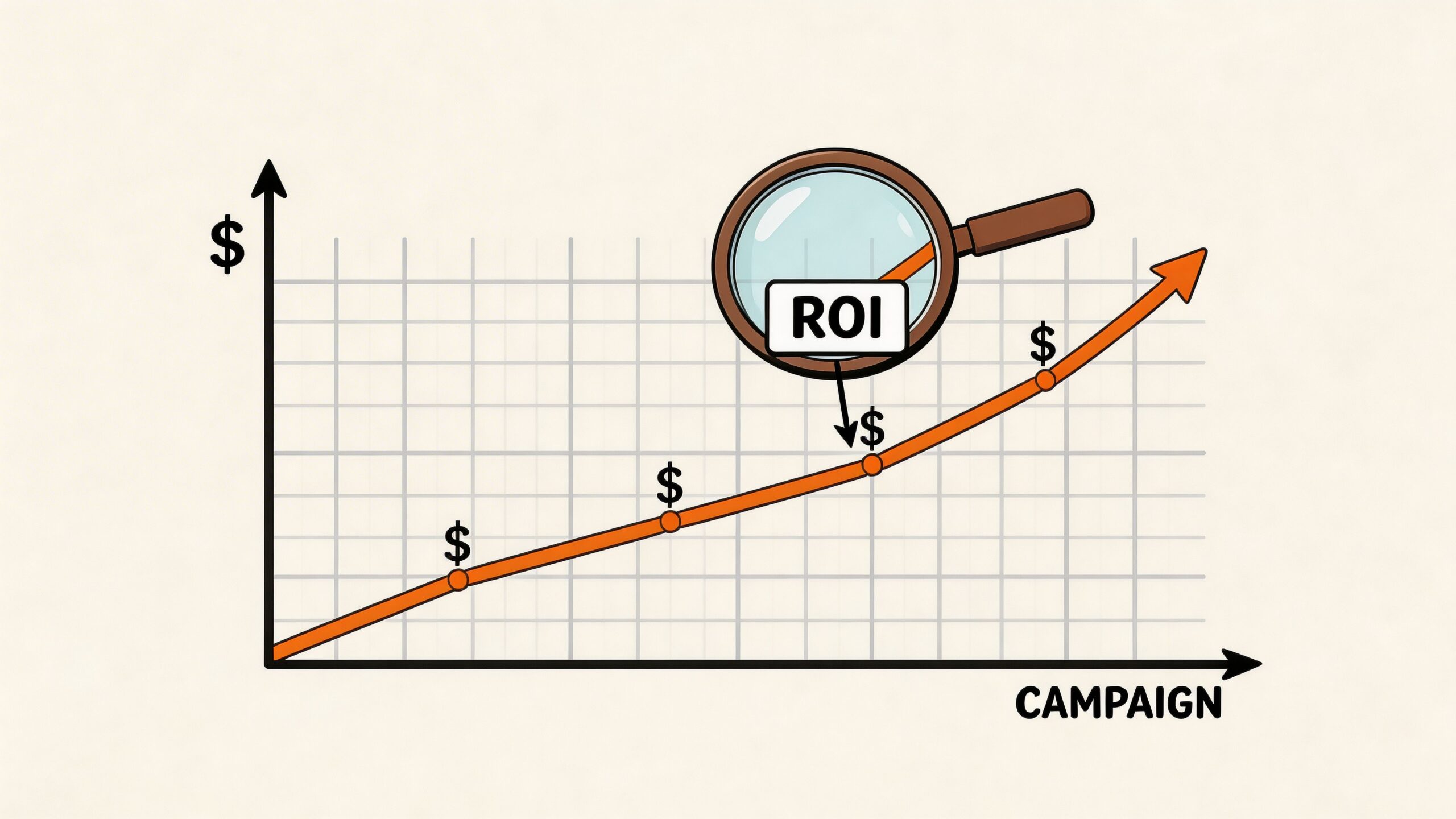 A magnifying glass focusing on the ROI acronym on an upward trending financial growth line graph.