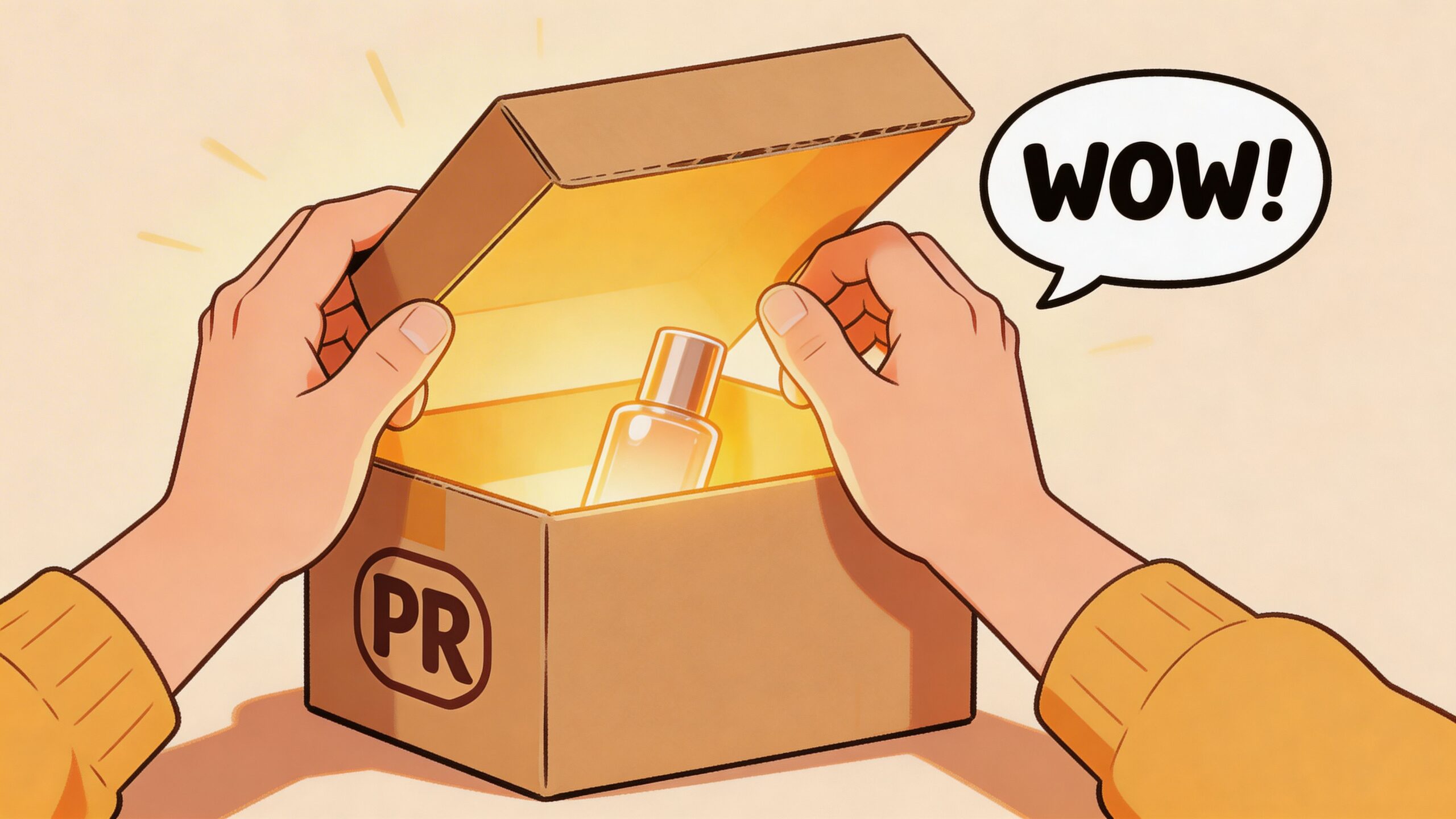 A person opening a cardboard PR package box containing a glowing bottle, expressing surprise and excitement.