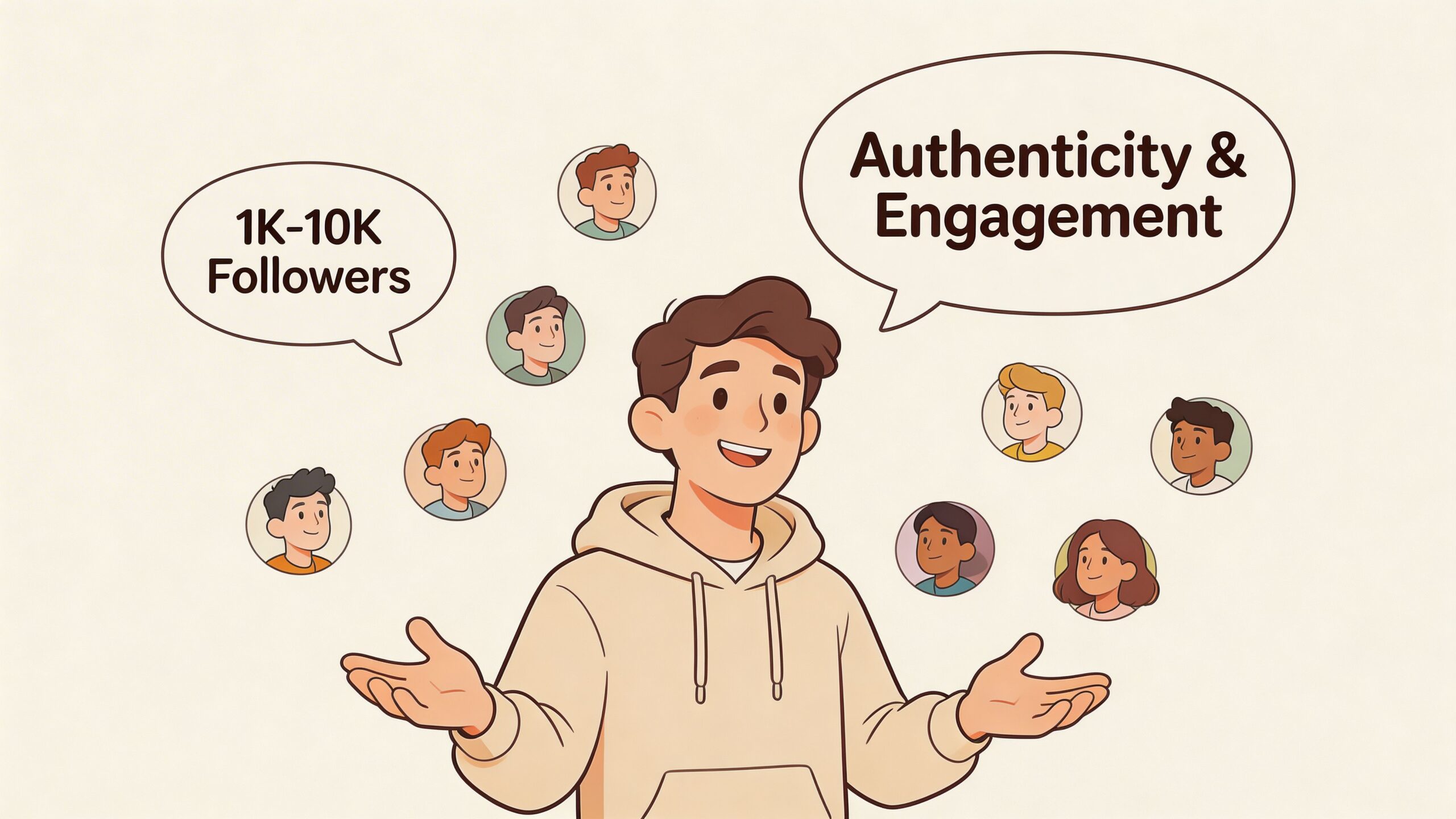 A happy young man surrounded by small profile icons representing nano influencers with authentic audience engagement.