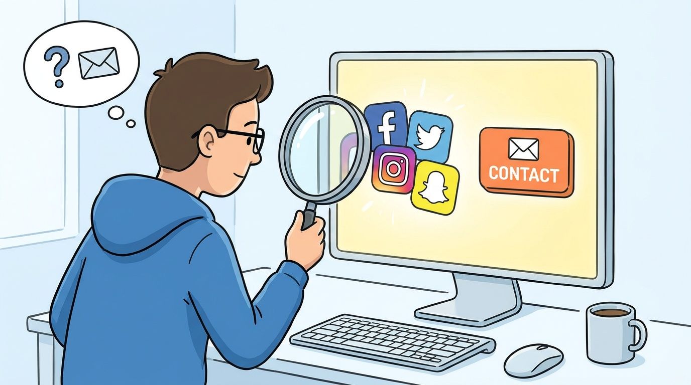 A person looking through a magnifying glass at social media icons and an email contact button.