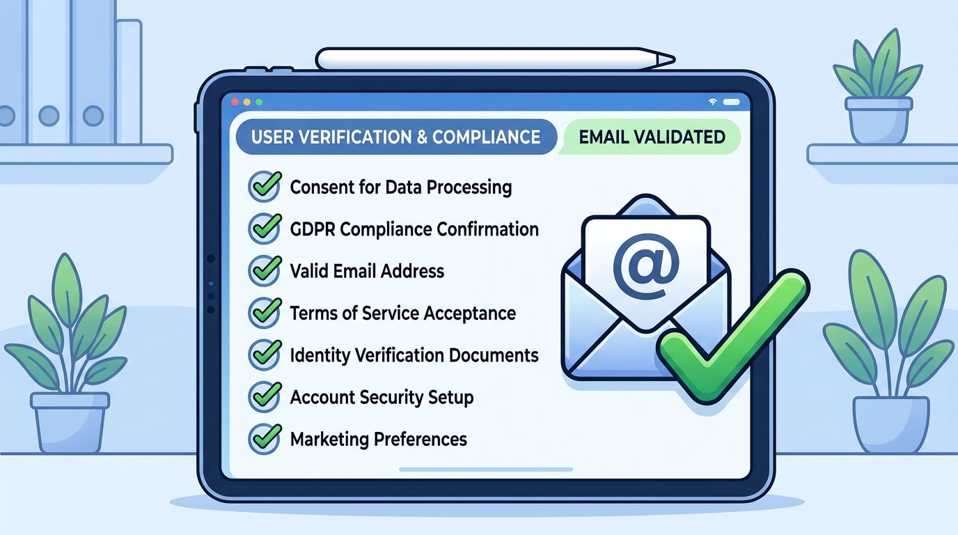 A digital tablet displaying a user verification and compliance checklist with a validated email confirmation icon.