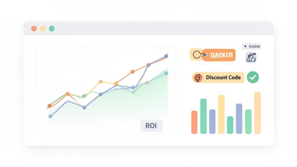 Dashboard displaying ROI growth in line graph, with data tracking and discount code options.