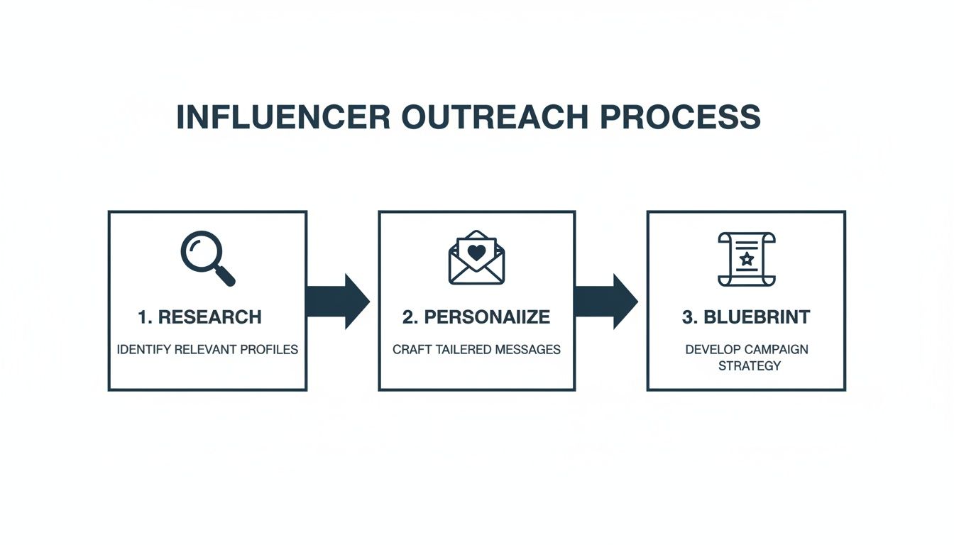 Flowchart illustrating a 3-step influencer outreach process: research, personalize, and blueprint strategy.