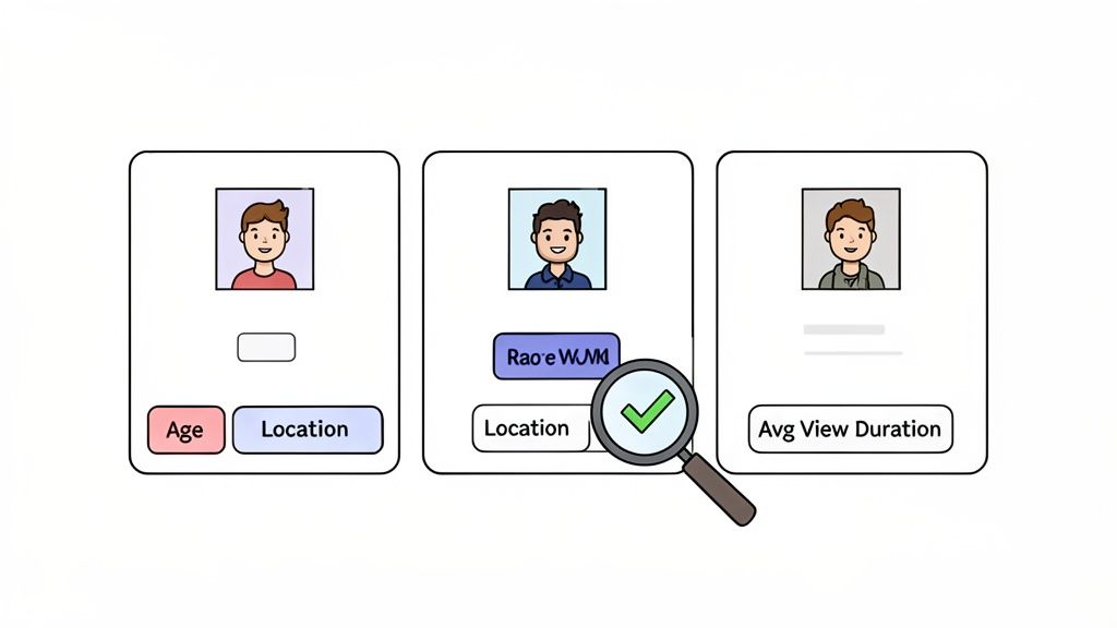 Three user profile cards with diverse data attributes, one showing location, and a validated search with a magnifying glass.