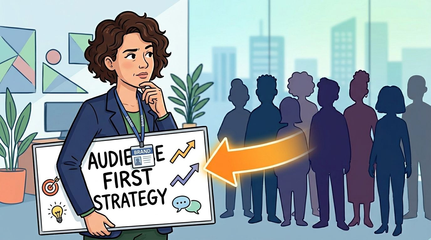 A professional woman holding a sign labeled Audience First Strategy while standing before a group of silhouettes.
