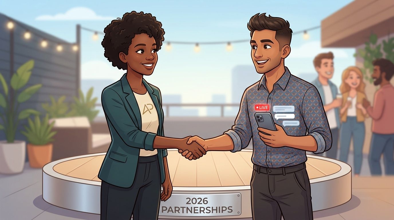 A woman and a man shaking hands at an outdoor business event representing influencer marketing partnerships.