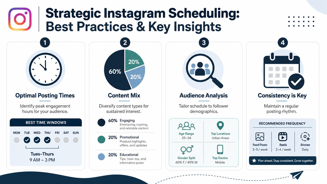 An infographic illustrating four best practices for strategic Instagram scheduling, including posting times, content mix, and audience demographics.