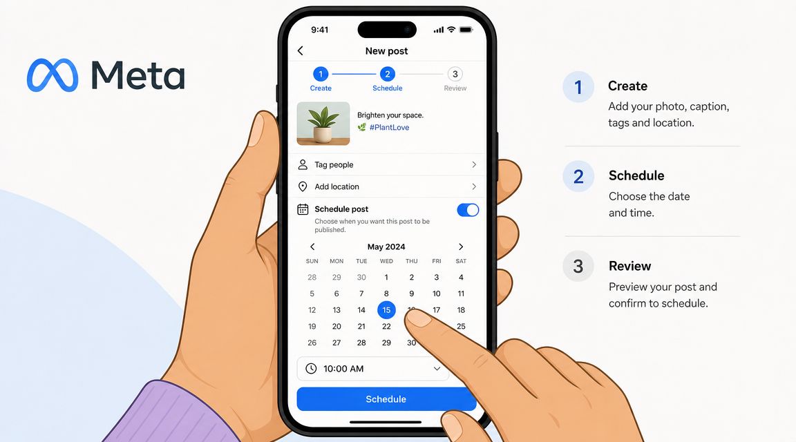 A hand holding a smartphone showing the Meta interface for scheduling a social media post on a calendar.