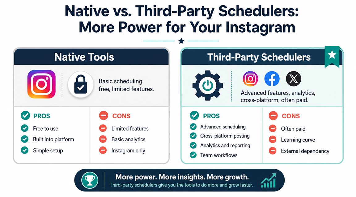 A comparison chart showing the differences between native Instagram scheduling tools and third-party social media schedulers.