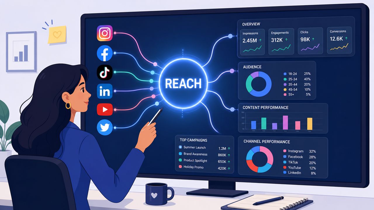 A woman reviewing social media analytics and reach performance data on a large digital screen monitor.