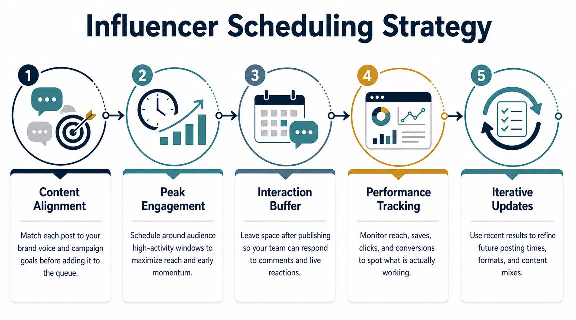 A five-step infographic titled Influencer Scheduling Strategy outlining the process of planning social media content.