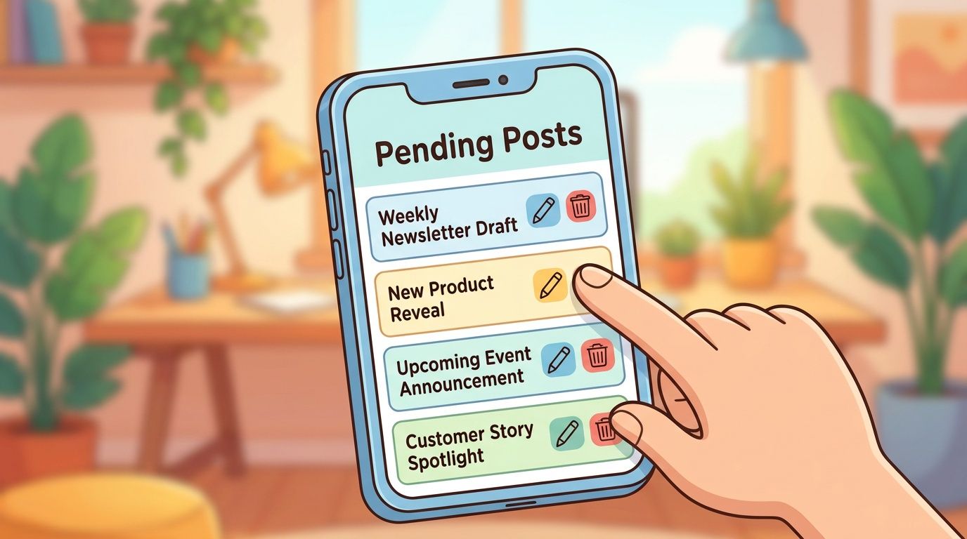 A hand touching a phone screen displaying a list of pending social media posts to be scheduled.