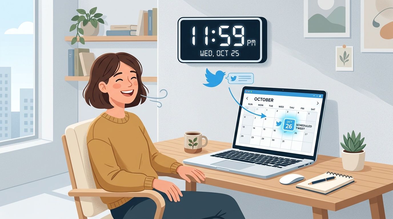 A woman relaxes at her desk as she successfully schedules a tweet on her laptop late at night.