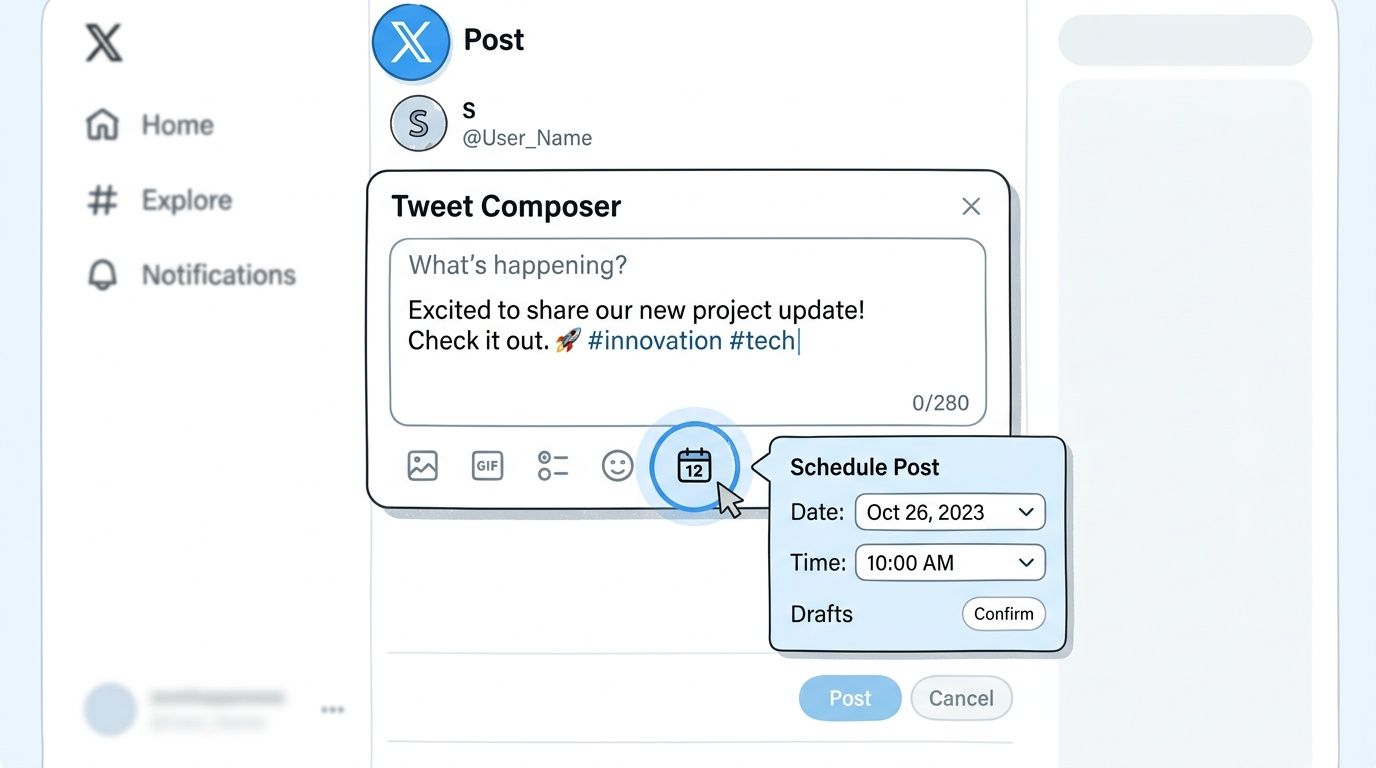 A social media interface showing the Twitter composer window with a schedule post calendar icon active.