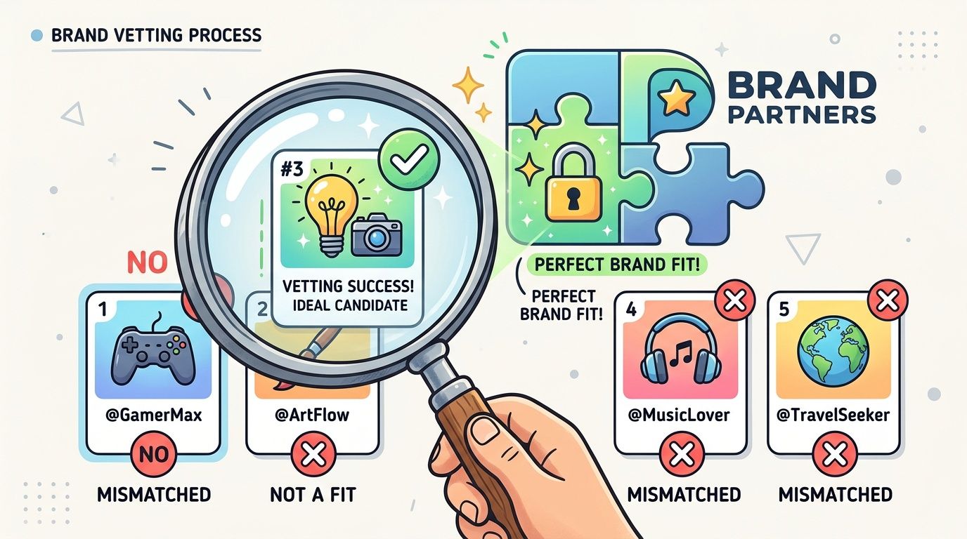 A magnifying glass inspecting brand partner candidates to find the ideal match for a marketing campaign.