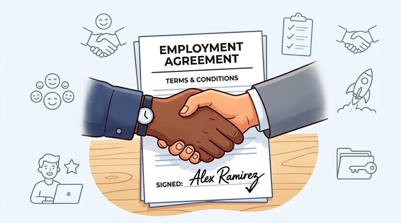 A professional handshake over an employment agreement document signed by Alex Ramirez with various business icons.