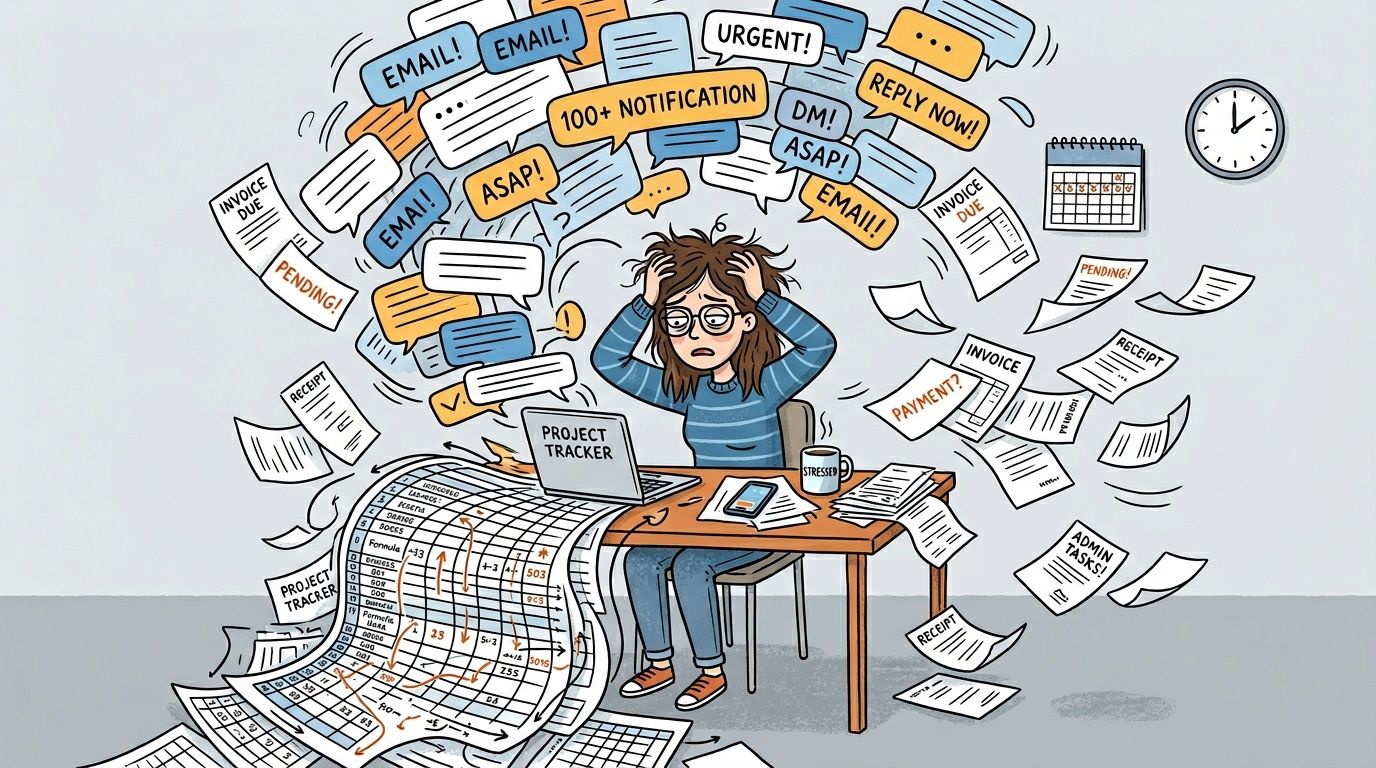 A stressed woman overwhelmed by an excessive amount of digital notifications, emails, and paperwork at her desk.