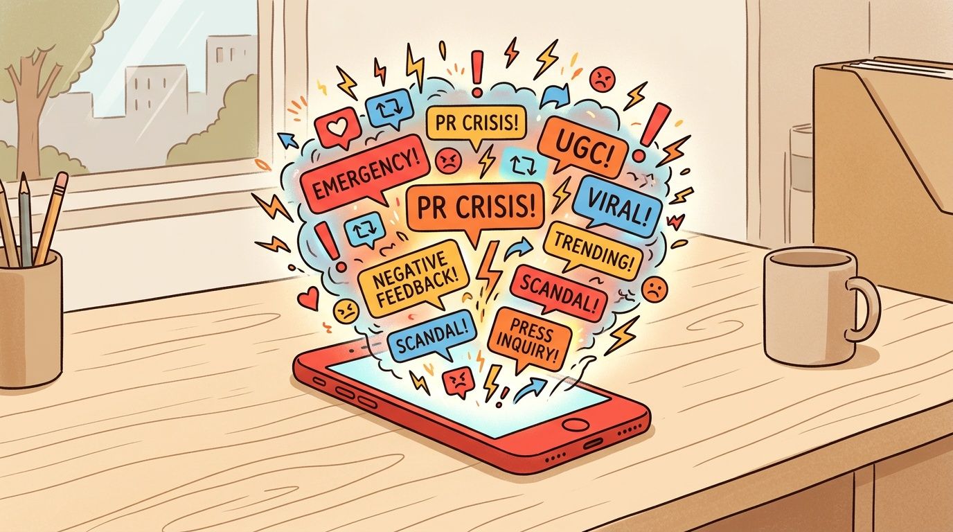 A red smartphone on a desk erupting with notification bubbles about PR crises, scandals, and social media viral trends.