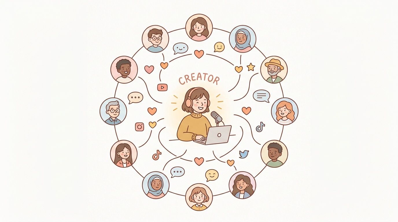 A central content creator surrounded by icons of diverse audience members and various social media engagement symbols.
