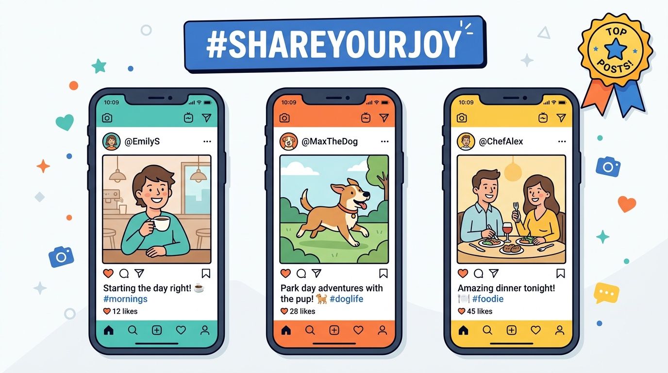 Three smartphone screens displaying social media posts showcasing daily joy activities with hearts and engagement counts.