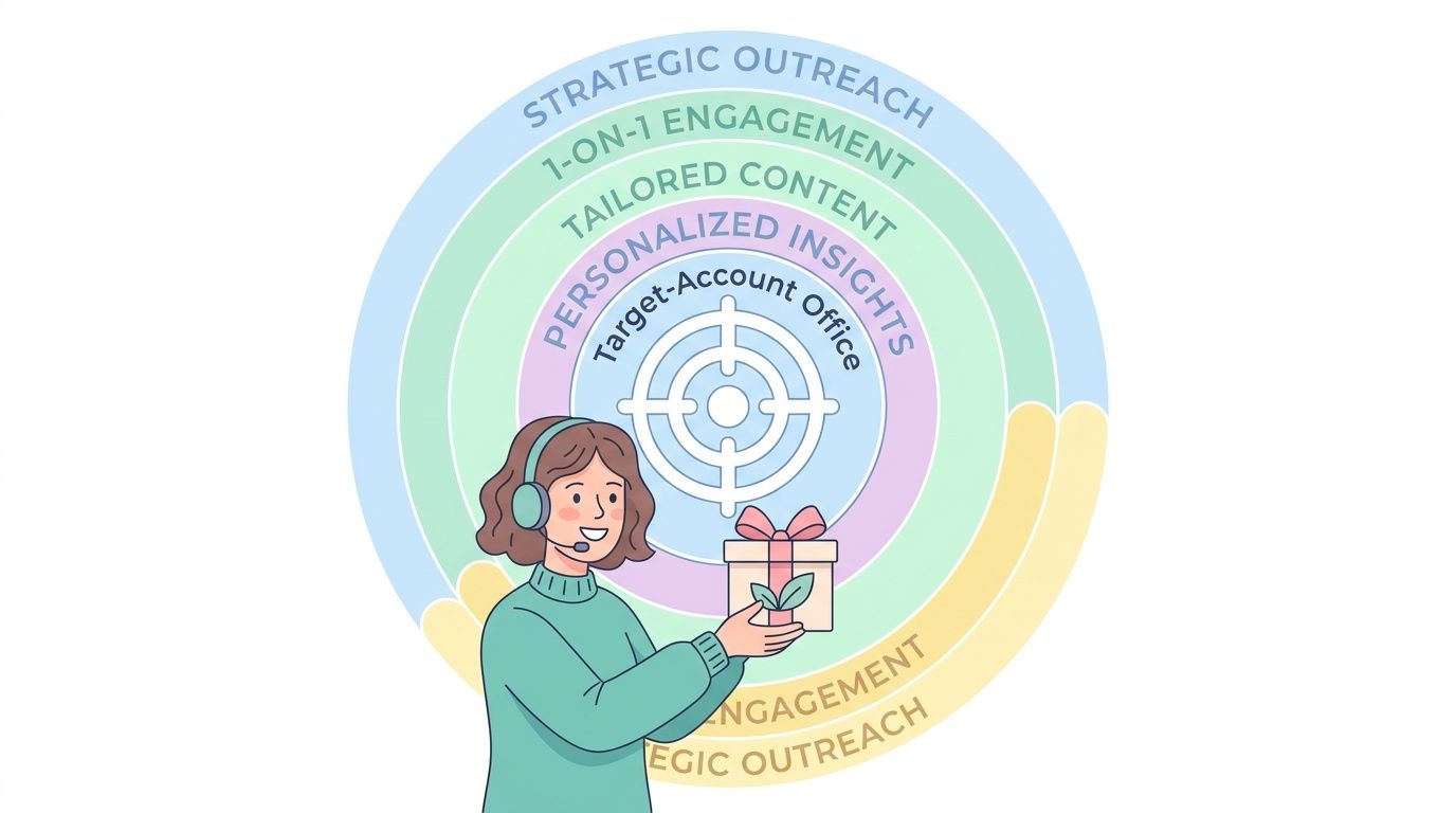 A professional with a headset holding a gift box in front of a layered target marketing graphic.