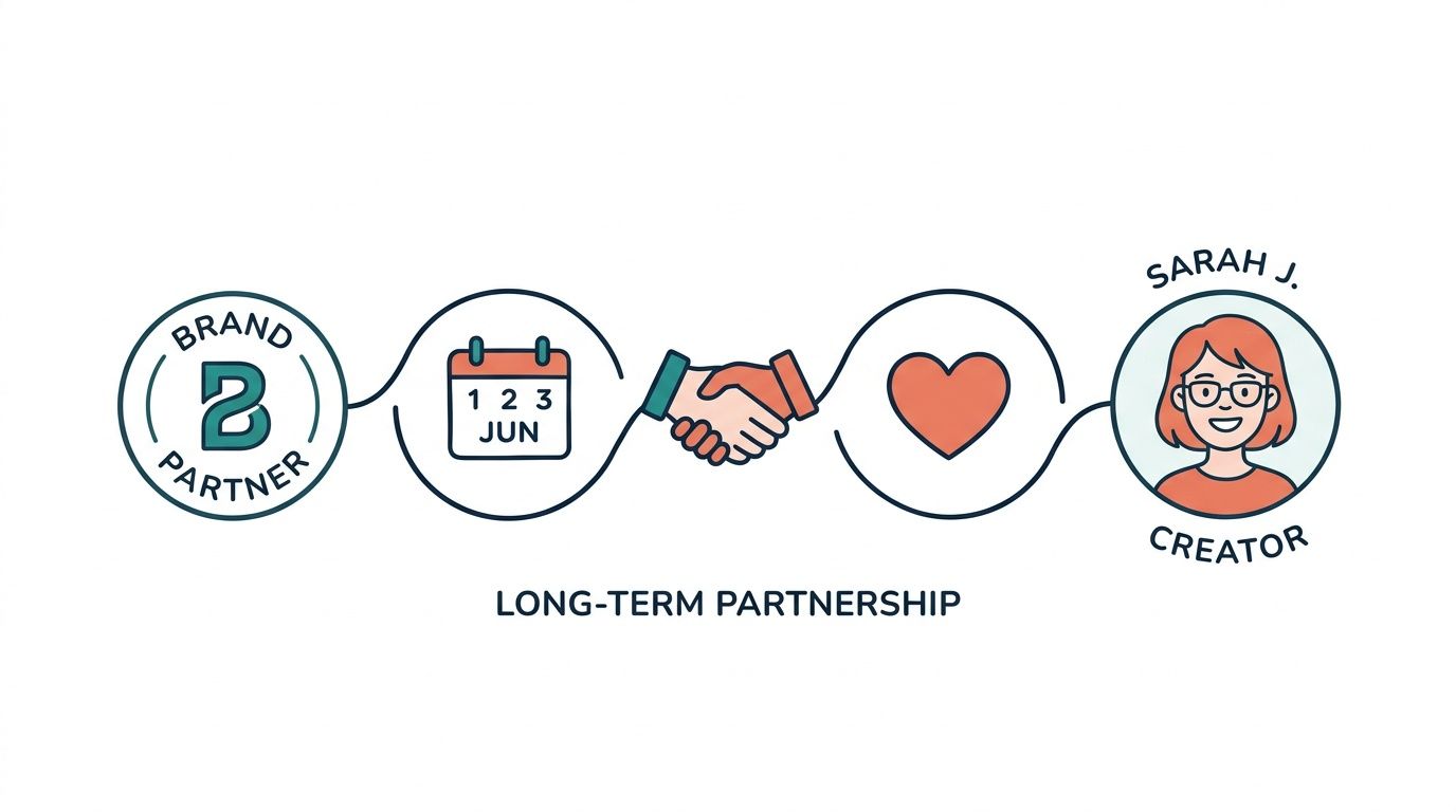 A graphic illustration representing a long-term partnership between a brand partner and a creator named Sarah J.