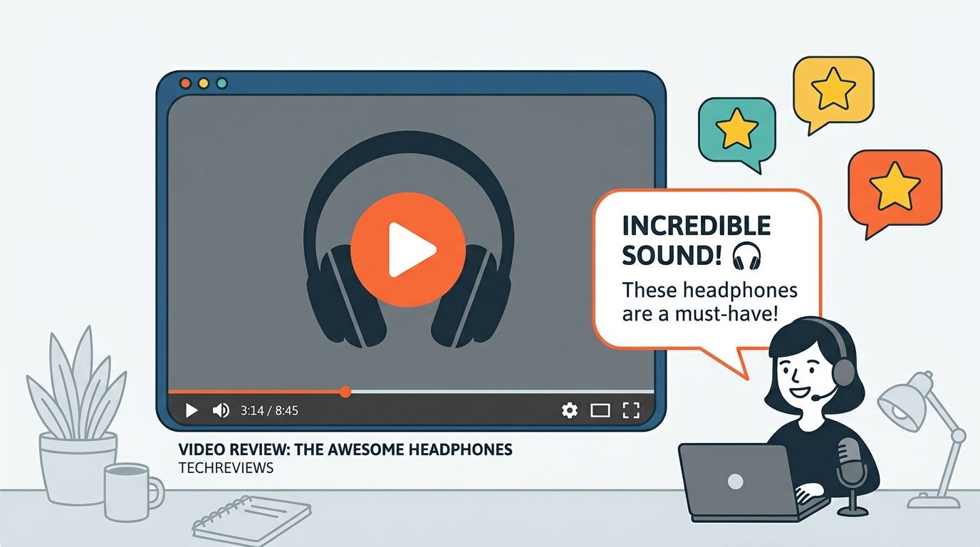 A digital illustration of a content creator reviewing headphones with star rating speech bubbles.
