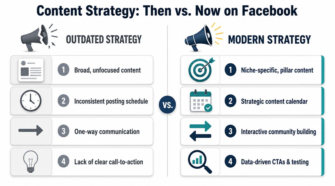 A comparison chart showing the evolution from outdated broad content strategies to modern focused Facebook marketing strategies.