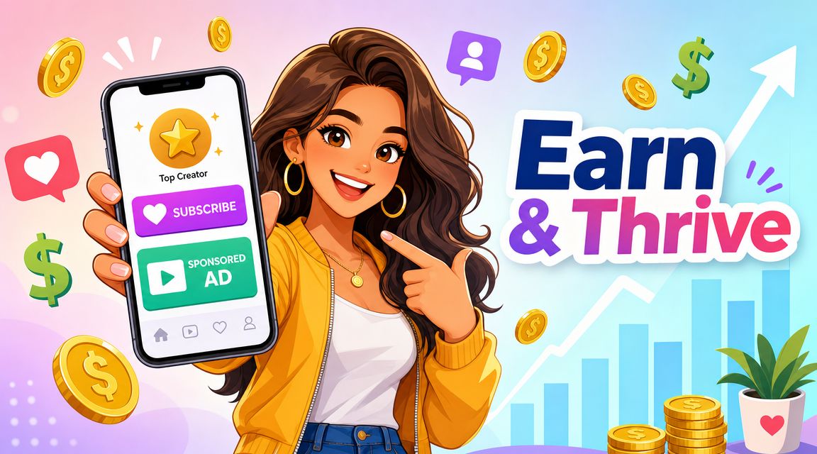 A happy woman holding a smartphone displaying a subscription button and an ad to help creators earn.