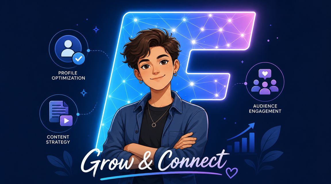 A friendly young creator stands before a glowing letter F logo representing influencer growth and social engagement.