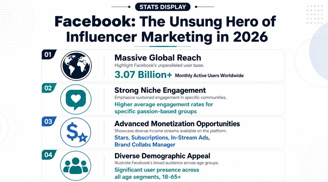 An infographic titled Facebook: The Unsung Hero of Influencer Marketing in 2026 showing four key platform benefits.