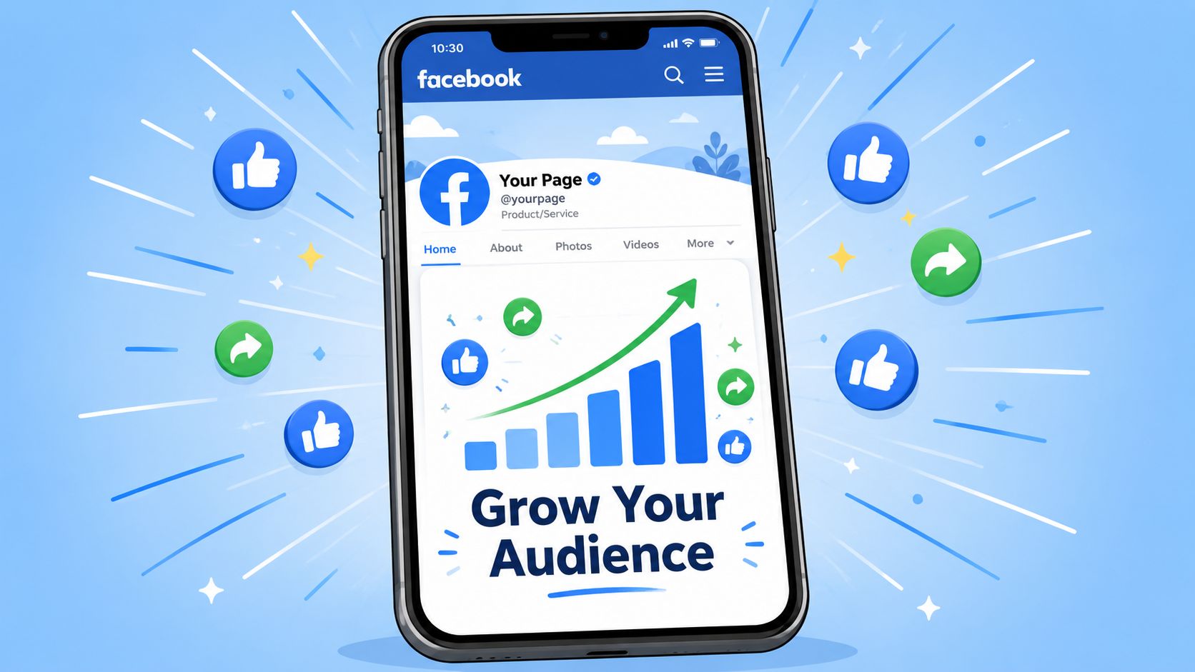 A smartphone display showing a Facebook page interface with a graph illustrating audience growth strategy.
