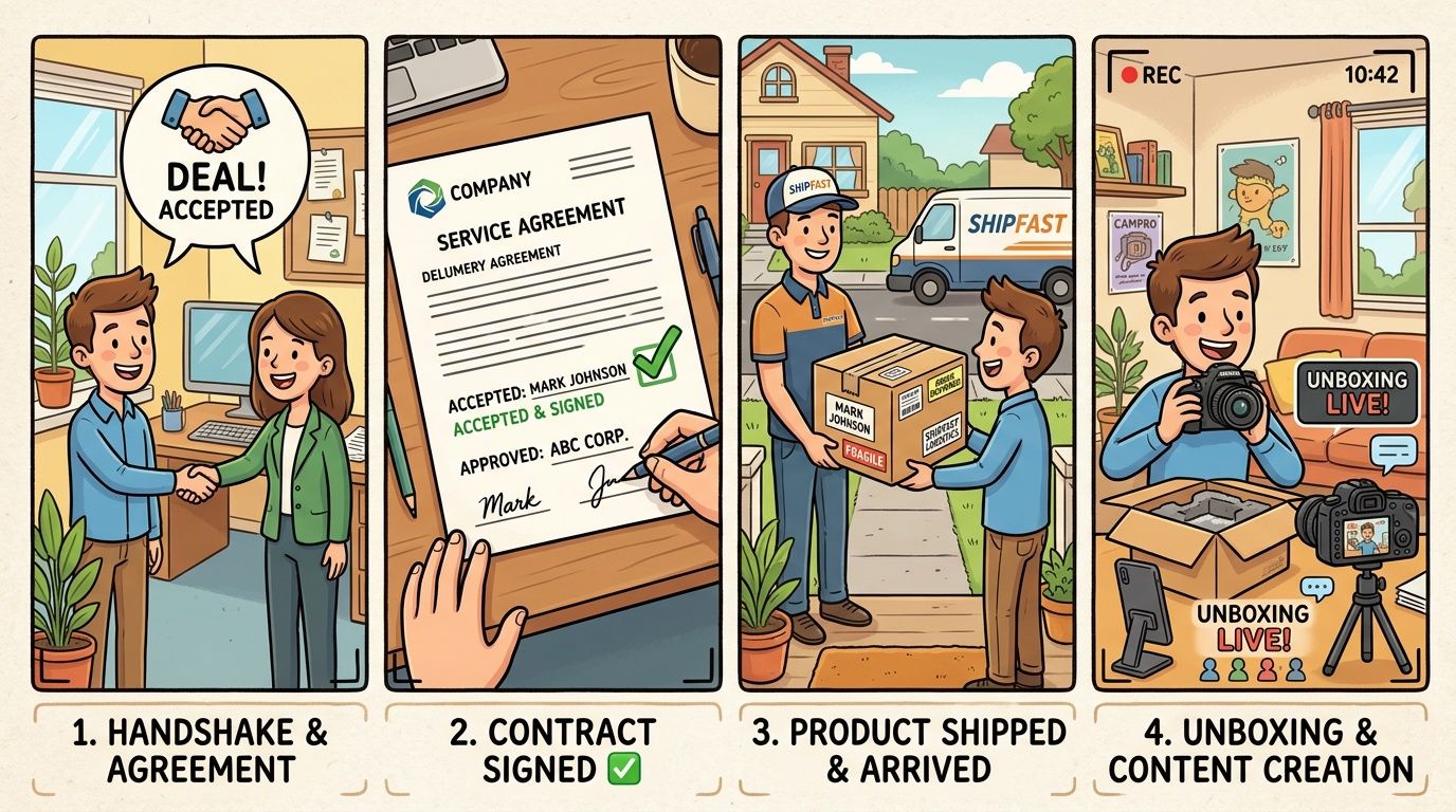 A four-step illustration showing a person accepting a brand deal, signing a contract, receiving a PR package, and filming an unboxing video.