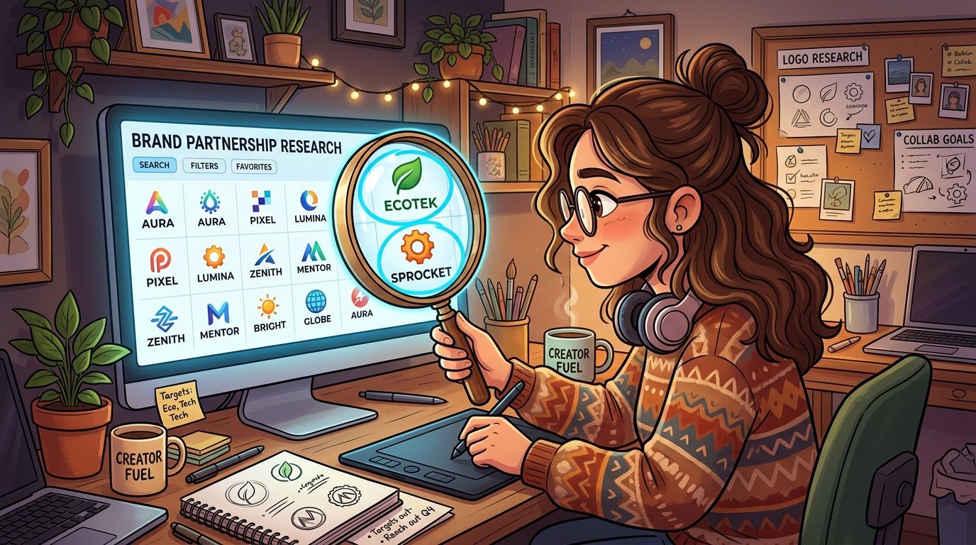 A young woman researching brand partnerships on her computer while using a digital tablet at her workspace.