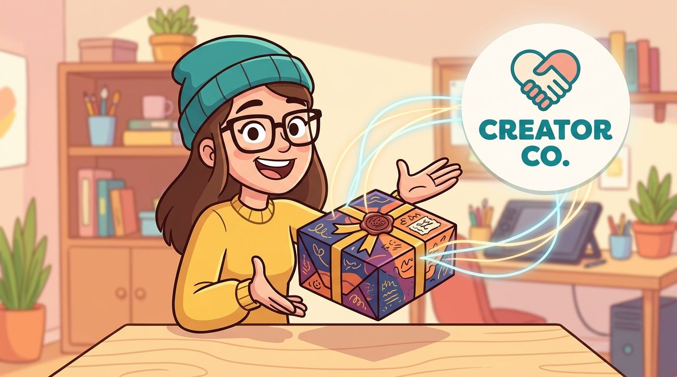 An illustration of a young creator presenting a colorful PR gift package from Creator Co.