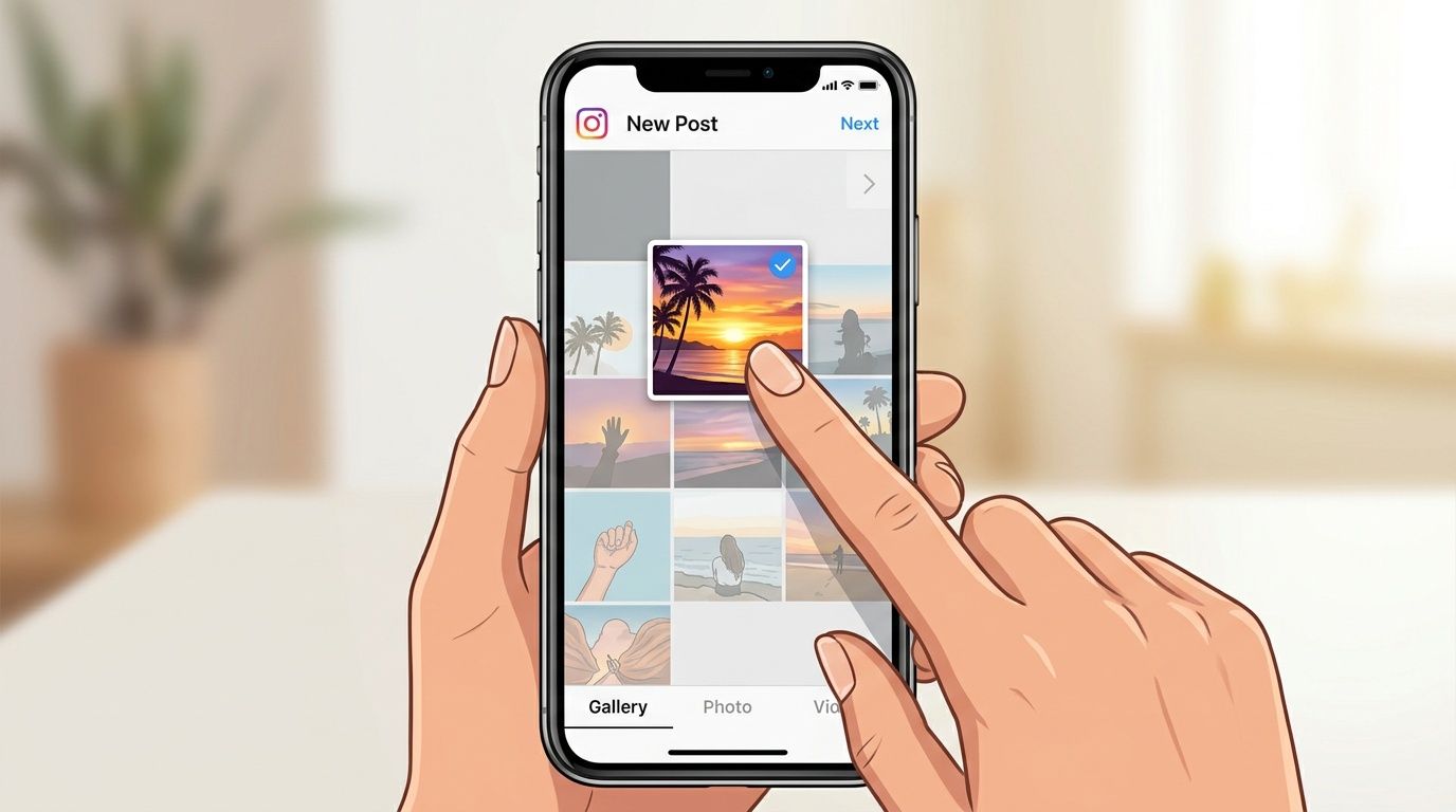 A hand selecting a sunset photo from the gallery menu on an Instagram new post screen.