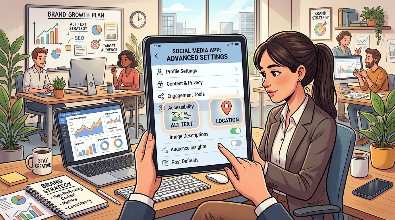 A professional woman uses a tablet to adjust advanced social media settings including accessibility and location options.