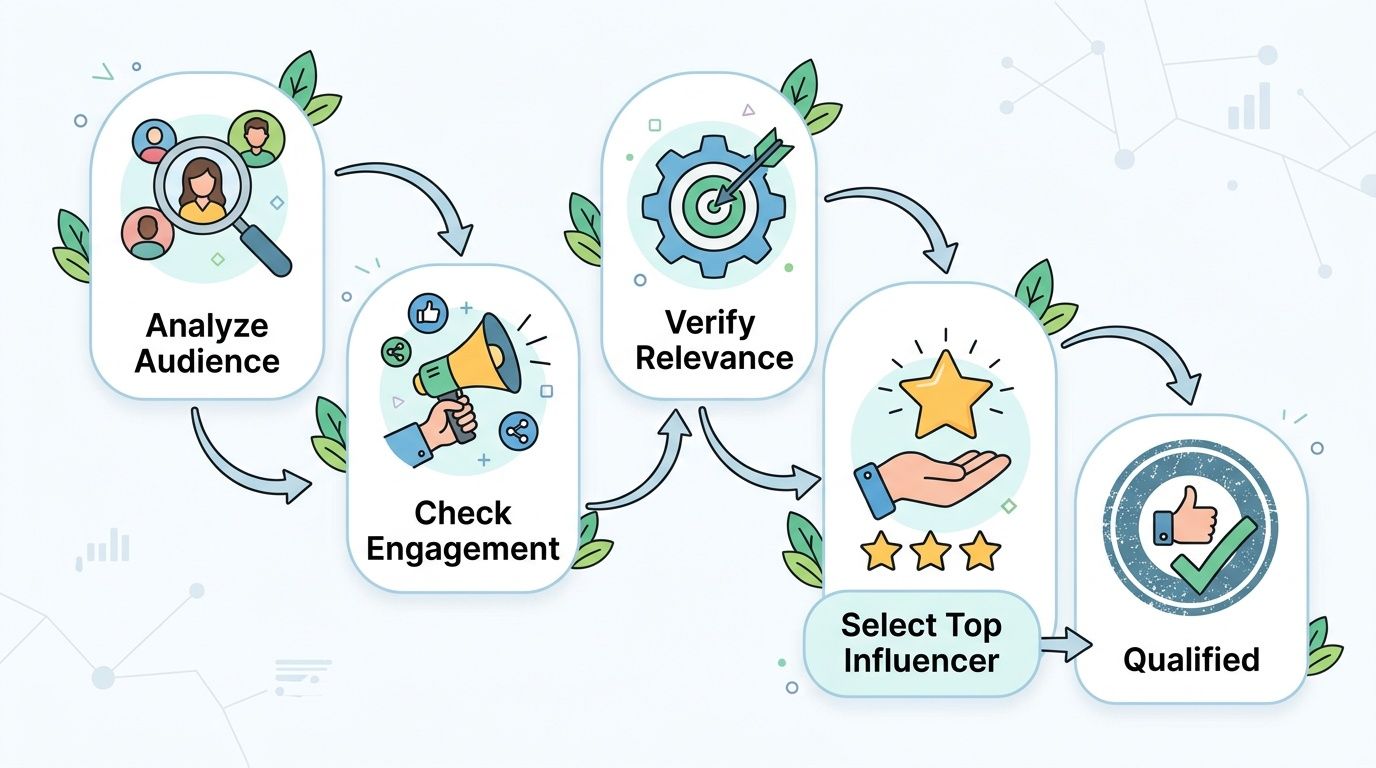 A flow chart illustrating the five-step process of qualifying and selecting influencers for marketing campaigns.